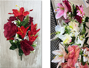 Buquê Artificial de Lírios e Rosas – Ref. 94005A Flores mistas com pétalas grandes e folhagem verde. Cores: Vermelho, Br