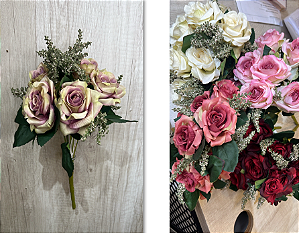 Buquê Artificial de Rosas – Ref. 780006 Flores com pétalas realistas e acabamento aveludado, acompanhadas de folhagem e