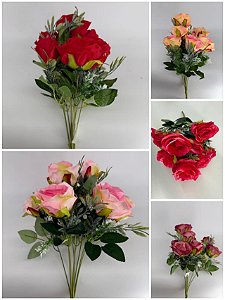Buquê Artificial de Rosas – Ref. 71010 Flores com pétalas bicolores e acabamento aveludado, folhagem verde e detalhes pr
