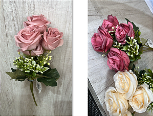 Buquê Artificial de Rosas – Ref. 93071 Flores com acabamento aveludado e folhagem verde. Cores: Rosa Seco, Vinho e Creme
