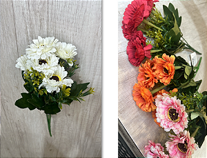 Buquê Artificial de Gérberas – Ref. 93047 Flores com pétalas vibrantes e folhagem verde. Cores: Branco, Vermelho, Laranj