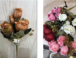 Buquê Artificial de Botões de Rosas com Folhagem – Disponível em Diversas Cores (Marrom, Vermelho, Rosa e Branco), Ideal