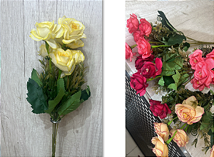 Buquê Artificial de Rosas com Folhagem – Disponível em Cores Variadas (Amarelo, Vermelho e Rosa), Ideal para Arranjos, V