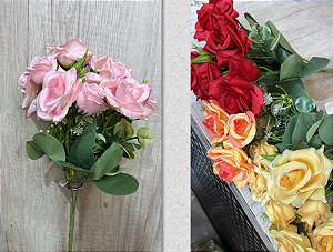 Buquê Artificial de Rosas com Folhagem – Disponível em Cores Variadas (Rosa, Vermelho, Amarelo e Laranja), Ideal para Ar