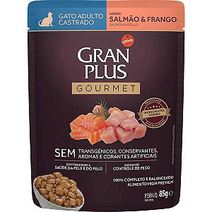 Ração Úmida Gran Plus Gourmet Sachê Salmão & Frango para Gatos Castrados