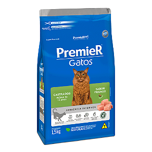 Ração Premier Ambientes Internos para Gatos Adultos Castrados 12+ Sabor Frango 1,5 Kg
