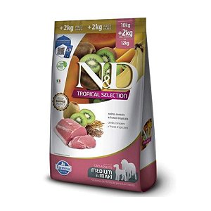 Ração Farmina N&D Tropical Selection para Cães Adultos de Porte Médio e Grande Sabor Suíno, Cereais e Frutas Tropicais 10 + 2Kg Grátis