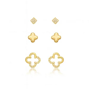KIT BRINCO TRIO TREVO COM ZIRCÔNIA B. OURO 18K