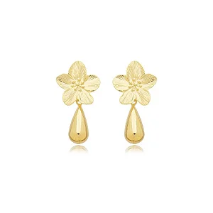 BRINCO FLORAL JASMIM COM GOTA B. OURO 18K