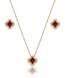 CONJUNTO TREVO VERMELHO CRAVEJADO ZIRCÔNIA B. OURO 18K