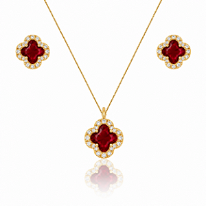 CONJUNTO TREVO VERMELHO CRAVEJADO ZIRCÔNIA B. OURO 18K