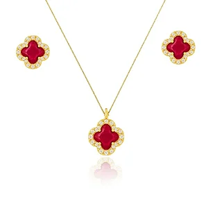 CONJUNTO TREVO VERMELHO CRAVEJADO B. OURO 18K