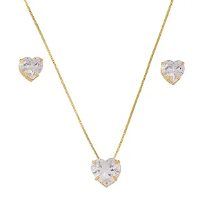 CONJUNTO CORAÇÃO ZIRCÔNIA 8MM B. OURO 18K