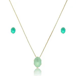 CONJUNTO PEDRA VERDE ÁGUA B. OURO 18K