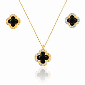 CONJUNTO TREVO BLACK CRAVEJADO ZIRCÔNIA B. OURO 18K