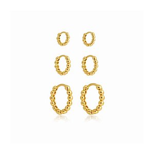 KIT BRINCO TRIO DE ARGOLAS ARTICULADA BOLINHA B. OURO 18K