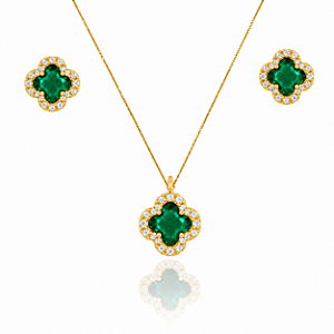CONJUNTO TREVO VERDE ESMERALDA CRAVEJADO ZIRCÔNIA B. OURO 18K