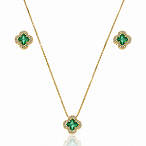 CONJUNTO TREVO VERDE ESMERALDA CRAVEJADO ZIRCÔNIA B. OURO 18K