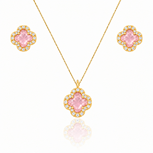 CONJUNTO TREVO ROSA CRAVEJADO ZIRCÔNIA B. OURO 18K