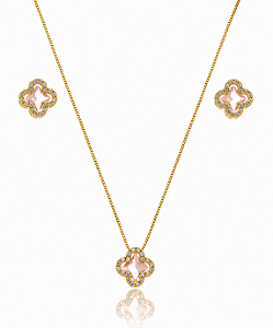 CONJUNTO TREVO ROSA CRAVEJADO ZIRCÔNIA B. OURO 18K