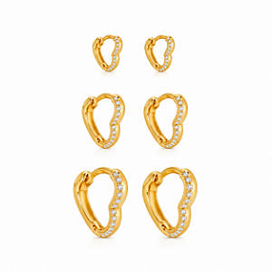 KIT BRINCO TRIO ARGOLA ART. CORAÇÃO ZIRCÔNIA B. OURO 18K