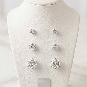 Kit de brincos trio com banho de prata e zircônia transparente