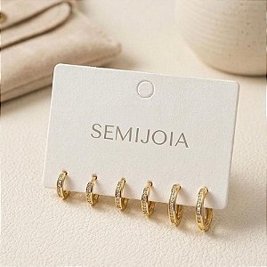 Kit trio de argolas articuladas com banho de ouro 18k e zircônias