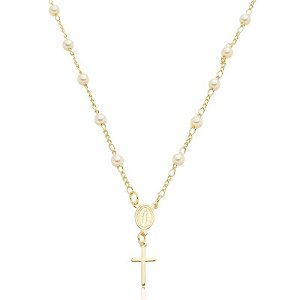 Pulseira com Perólas e Cruz Banhada Ouro 18k e Prata