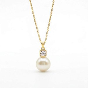Colar Pérola com Zircônia Banho Ouro 18k e Banho Prata