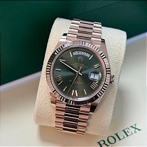 Relógio Rolex Day-Date 40 President Everose Ouro Rosé Mostrador Verde Romano Automático Masculino Premium