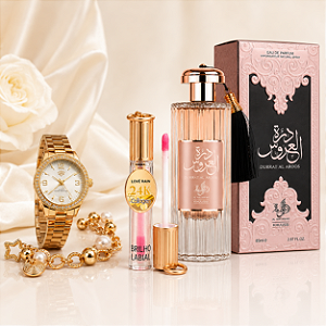 Kit Perfume Durrat Al Aroos 85ML Eau de Parfum + Relogio + Gloss