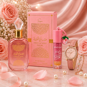Kit Perfume Sabah Al Ward Sugar 100ML Eau de Parfum + Relogio + Gloss