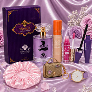 Kit Perfume Amira + Relógio + Gloss com Mini Bolsa + Máscara de Cílios + Base Líquida + Touca de Cetim