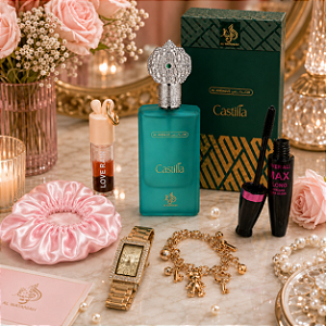 Kit Perfume Al Andalus Castilla + Relógio + Gloss + Máscara de Cílios + Touca de Cetim