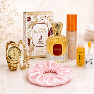 Kit Perfume Baroque La Rouge + Relógio + Gloss + Base Líquida + Touca de Cetim