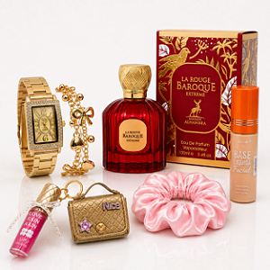 Kit Perfume Baroque Extreme + Relógio + Gloss com Mini Bolsa + Base Líquida + Touca de Cetim