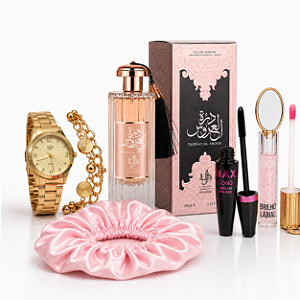 Kit Perfume Durrat Al Aroos + Relógio + Gloss 24K + Máscara de Cílios + Touca de Cetim