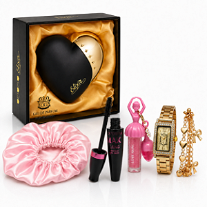 Kit Perfume Elixir New Brand + Relógio + Gloss Balerina + Máscara de Cílios + Touca de Cetim