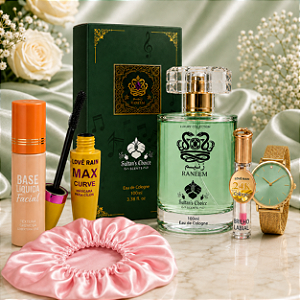 Kit Perfume Raneem + Relógio + Gloss 24K + Máscara de Cílios + Base Líquida + Touca de Cetim