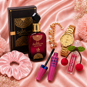 Kit Feminino Perfume Sabah Al Ward + Relógio + Gloss + Máscara de Cílios + Touca de Cetim