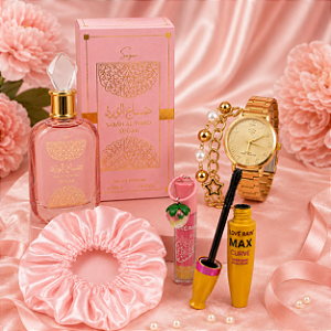 Kit Feminino Perfume Sabah Al Ward Sugar + Relógio + Gloss + Máscara de Cílios + Touca de Cetim