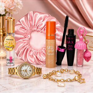 Kit de Beleza Love Rain com Relógio + Gloss 24K + Touca Anti Frizz – Luxo Acessível em Cada Detalhe! 💋✨