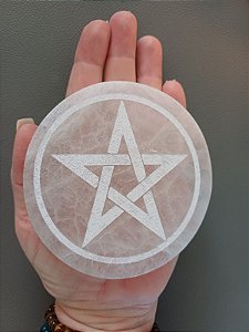 Selenita - Placa Redonda com Estrela 5 pontas - Pentagrama