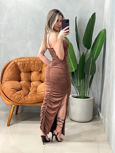 Vestido Midi em Malha Romantic de Alça e Plissado Chaiene Ref. 1745