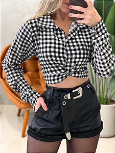 Camisa Cropped Manga Longa Xadrez com Strass e Amarração Fabia Ref. 1541