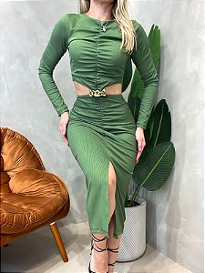 Vestido Midi em Ribana Manga Longa Plissado com Recorte Fabiana Ref. 1542