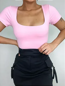 Body Feminino em Poliamida Manga Curta e Decote Quadrado Aline Ref. 1337
