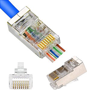 PLUG RJ45 DE PASSAGEM 8X8 CAT5E - BLINDADO - PACOTE 100 UNIDADES