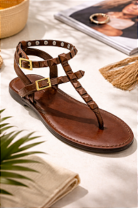 Sandália Feminina Rasteira Marrom com Tachas Tendência 2026