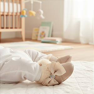 Botinha Bebê Bege com Pelúcia e Laço Conforto